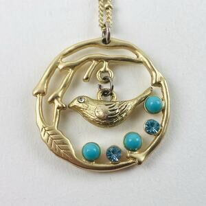 BIRD NEST BLUE EGGS Robin Dangle pendant necklace brass tone Rhinestones Branche